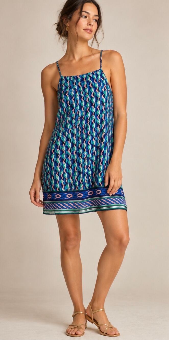 Maeve Anthropologie 100% Silk Slip Dress XS Blue Green Geometric Boho EUC
